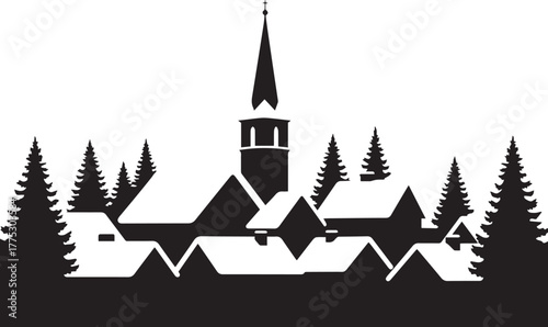 Snowy Village Silhouette with Church and Houses – Christmas Winter Scene Icon for Holiday and Religious Themes