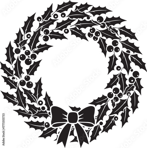 Christmas Wreath Silhouette with Bow – Festive Holiday Decoration Icon for Seasonal Artwork and Celebration