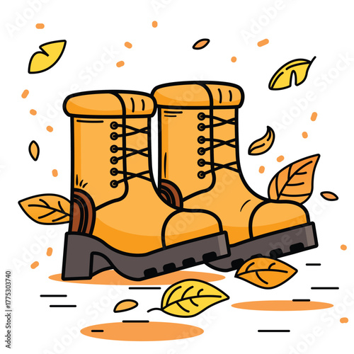 Autumn Hiking Boots Illustration with Falling Leaves