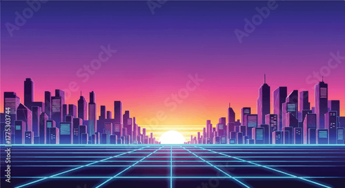 Retro Vaporwave Vector 80s Neon Cityscape Illustration
