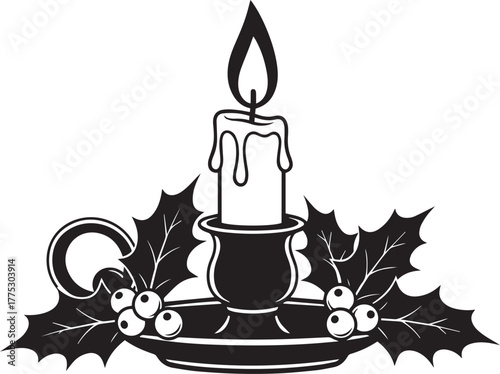 Christmas Candle Silhouette with Holly Leaves – Festive Holiday Icon for Seasonal and Religious Decorations