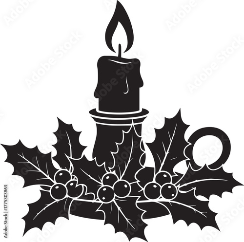 Christmas Candle Silhouette with Holly – Festive Holiday Decoration Icon for Seasonal and Religious Themes