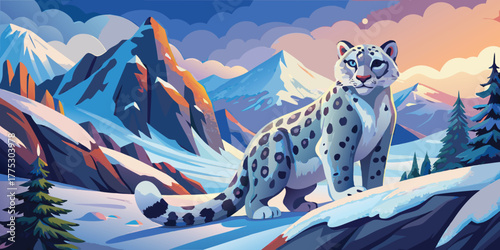 Snow leopard in a winter landscape with mountains and pine trees