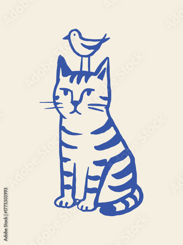 Cat with bird on head, naive sketch vector illustration