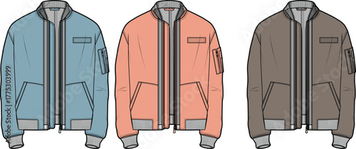 Versatile Bomber Jacket Apparel Design Concept featuring a range of trendy color variations, perfect for fashion collections, casual outerwear, and contemporary style creation