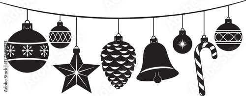 Christmas Hanging Ornaments Silhouette – Festive Holiday Decoration Icon with Baubles, Bells, and Candy Cane