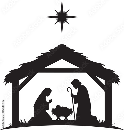 Nativity Scene Silhouette with Star – Christmas Religious Icon of Mary, Joseph, and Baby Jesus
