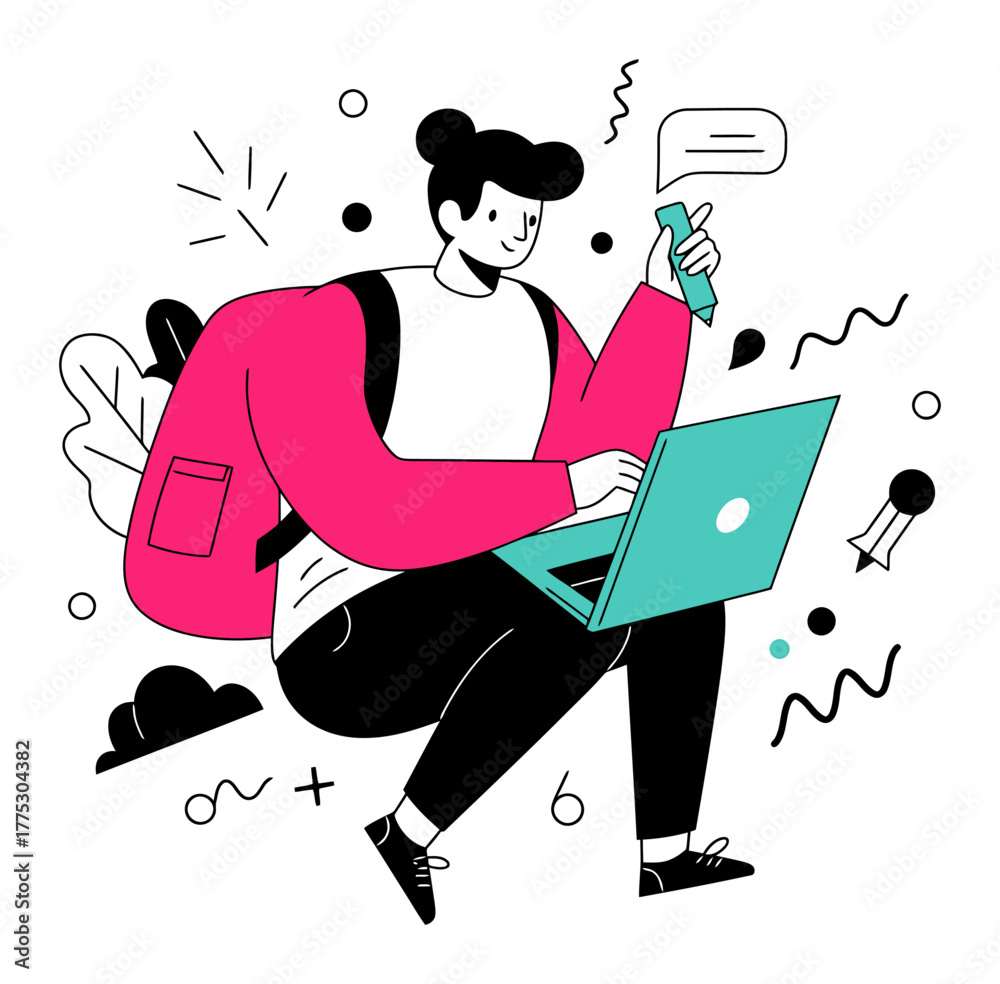 Fototapeta premium Minimalist Person Downloading Course Materials Flat Vector Illustration