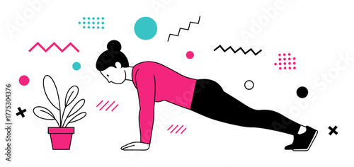 Minimalist Fitness Illustration, Person Doing Planks in Vibrant Colors