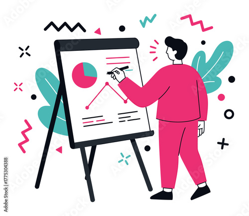 Minimalist Vector Illustration of Person Drawing Diagrams on Flip Chart