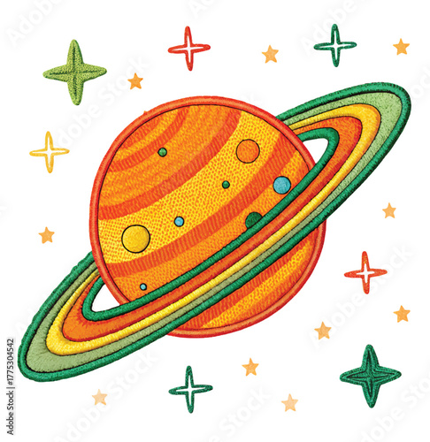 Whimsical Saturn illustration with vibrant rings and playful stars, perfect for adding a touch of cosmic fun and youthful energy to any creative project