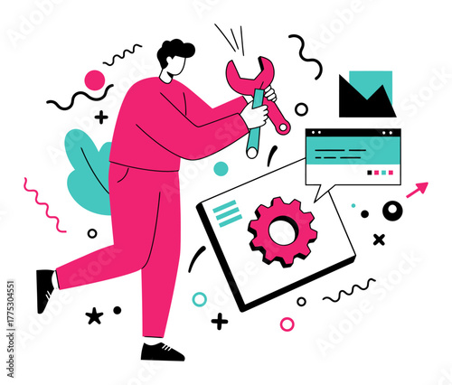 Minimalist Vector Illustration of Person Fixing Broken System