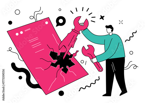 Minimalist Vector Illustration of Person Fixing Broken System