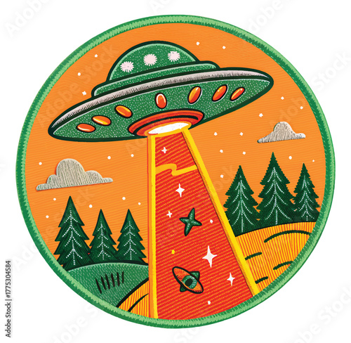 Whimsical UFO abduction patch featuring a spacecraft, trees, and stars, perfect for a fun, creative project or design element that sparks imagination