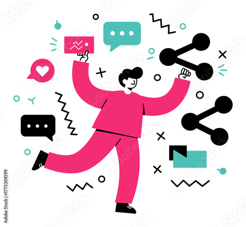 Person Going Viral with Share Symbols, Minimalist Flat Vector Illustration