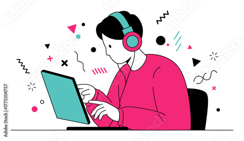 Minimalist Flat Vector Illustration of Person Focusing on Screen