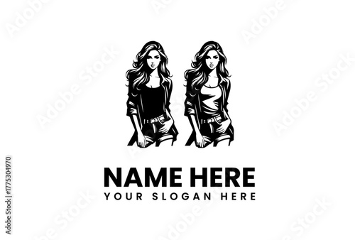 Fashionable Twin Women Logo Design A Stunning Black and White Representation for Business Branding