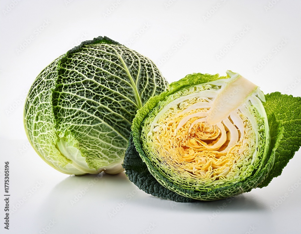 Fototapeta premium savoy cabbage still life fresh whole and halved heads on white background studio shot