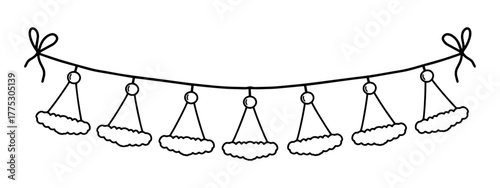 Christmas santa hat garland vector illustration isolated on white background. Vector hand drawing in doodle style. Perfect for holiday designs, cards, decorations, logos