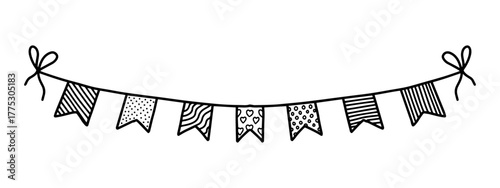Hand drawn bunting flag garland doodle style vector. Black and white patterned bunting decoration