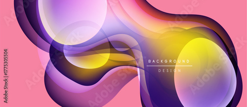 Abstract fluid shapes overlap, creating vibrant color gradients. Pink background complements purple, yellow hues. Modern design element.