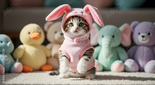Wallpaper Mural Kitten in Bunny Costume Surrounded by Stuffed Animals Torontodigital.ca