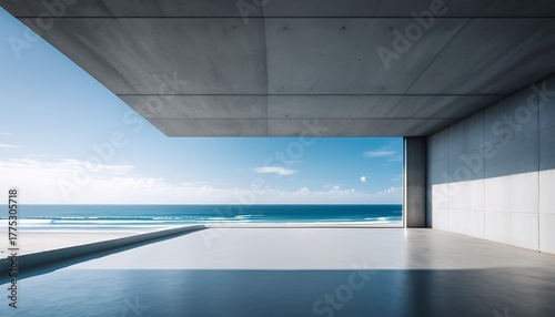 Wallpaper Mural minimalist modern architectural car showroom featuring smooth concrete flooring unfinished concrete wall large window with serene ocean view under pale blue sky and a calm clean aesthetic Torontodigital.ca