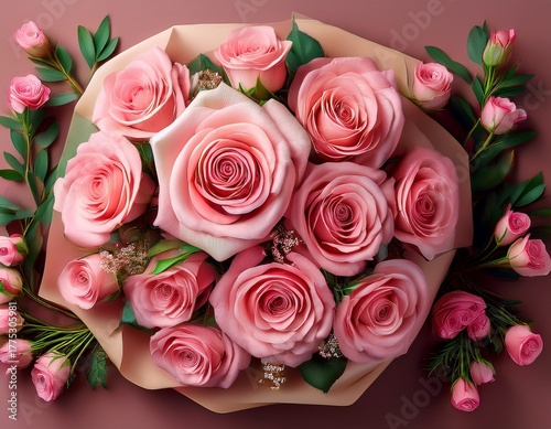 floral flower rosaceae bouquet perennial bloom packaged flat lay overhead pink rose wrapped blooming cut roses