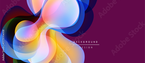 Abstract colorful shapes overlap, creating dynamic visual effect. Background is deep purple, design feels modern, fluid.