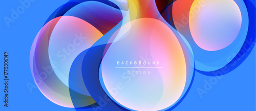 Abstract colorful shapes overlap blue backdrop. Gradient hues create dynamic visual effect. Modern design element for backgrounds.