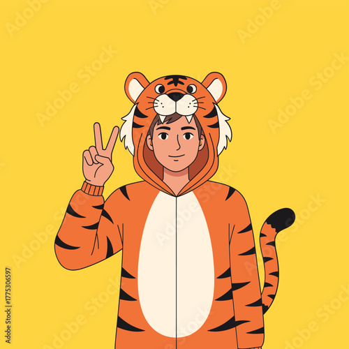 Person in Tiger Costume Making Peace Sign.