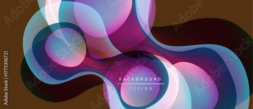 Abstract fluid shapes blend, creating vibrant color gradients. Modern design features overlapping translucent forms, dynamic composition.