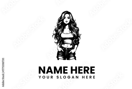 Vector logo template featuring a hand-drawn illustration of a stylish modern woman with long wavy hair, perfect for a fashion boutique or beauty salon mascot