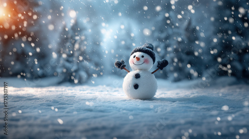 Cute snowman with raised arms, wearing hat and scarf, in falling snow; winter wonderland concept.