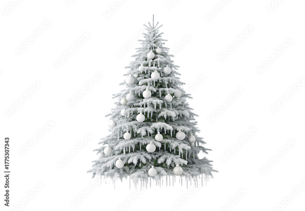 Fototapeta premium Snow-covered white Christmas tree with white ornaments and icicles hanging down, isolated on a transparent background