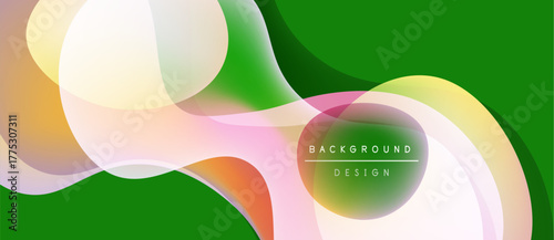 Abstract fluid shapes overlap, creating vibrant color gradients. Green dominates background, complemented by orange, yellow, pink hues. Modern design element.