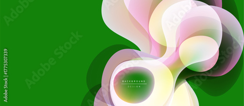 Abstract floral design. Soft pastel colors blend with vibrant green backdrop. Modern, flowing shapes create dynamic composition.