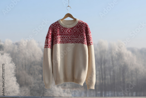 cozy sweater adorned with intricate patterns stands out elegantly against stunning winter landscape