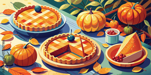 Festive pumpkin pies and pumpkins on a table for thanksgiving feast aesthetic vector illustration