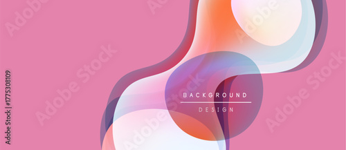 Abstract fluid shapes overlap, creating vibrant color gradients. Pink background complements flowing design elements. Modern aesthetic.