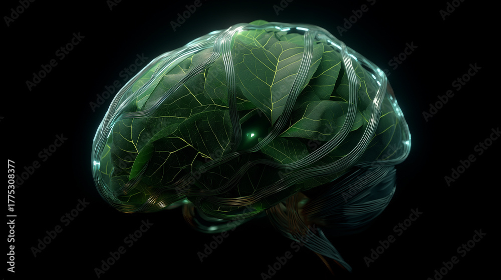 Obraz premium ai eco brain made of leaves and glowing fibers, futuristic yet organic