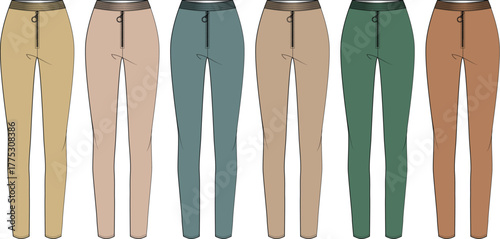 Women's skinny pants collection in multiple colors. Fashion technical flat sketch of casual trousers with zip front and elastic waistband