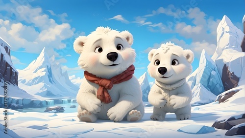 A cute polar bear cub in the snow looks like a white puppy or teddy bear, a sweet baby animal in winter