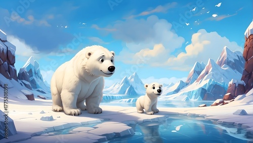 White polar bear cub and adult polar bear resting on the arctic ice and snow, a cute wildlife mammal in the cold winter nature