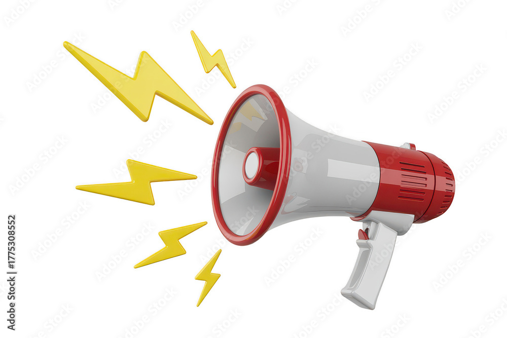 Naklejka premium Red and white megaphone with yellow lightning bolts isolated on transparent background