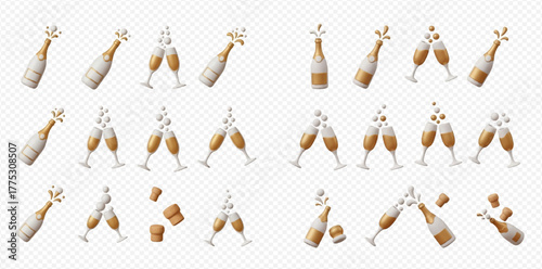 A collection of champagne bottles and glasses, depicting various stages of opening, pouring, and toasting, with effervescent bubbles and popping corks.