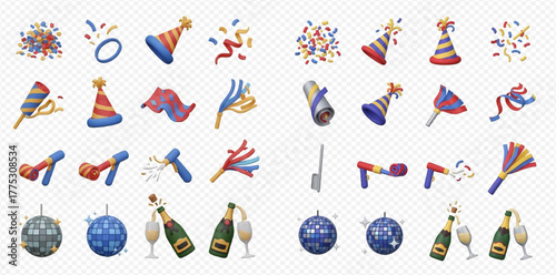 A collection of colorful party and celebration items including hats, confetti, blowers, disco balls, and champagne bottles.