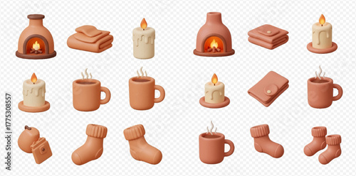 3D rendered collection of cozy winter and autumn elements including fireplaces, candles, steaming mugs, blankets, and warm socks.