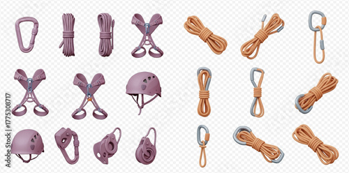 Collection of various climbing and safety equipment including ropes, carabiners, harnesses, helmets, and belay devices, isolated on a transparent background.