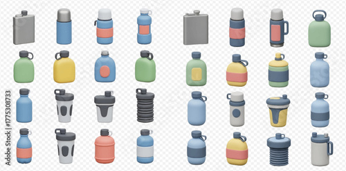A diverse collection of 3D rendered minimalist water bottles, shakers, and flasks in various colors and shapes.
